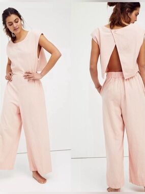 Free People Pink Heat Wave Linen Open
Back Wide Leg Jumpsuit. Size small.